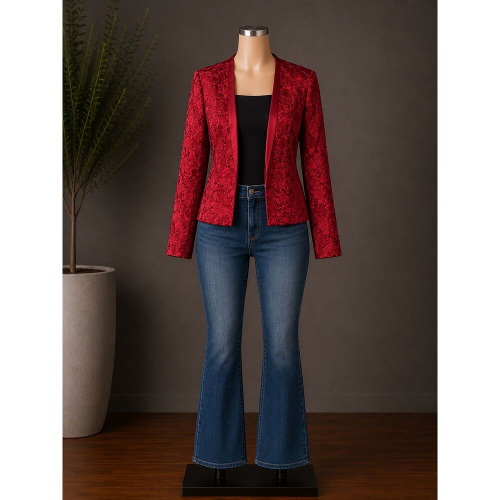 R&M Richards Red Textured Open Front Occasion Jacket Size 14